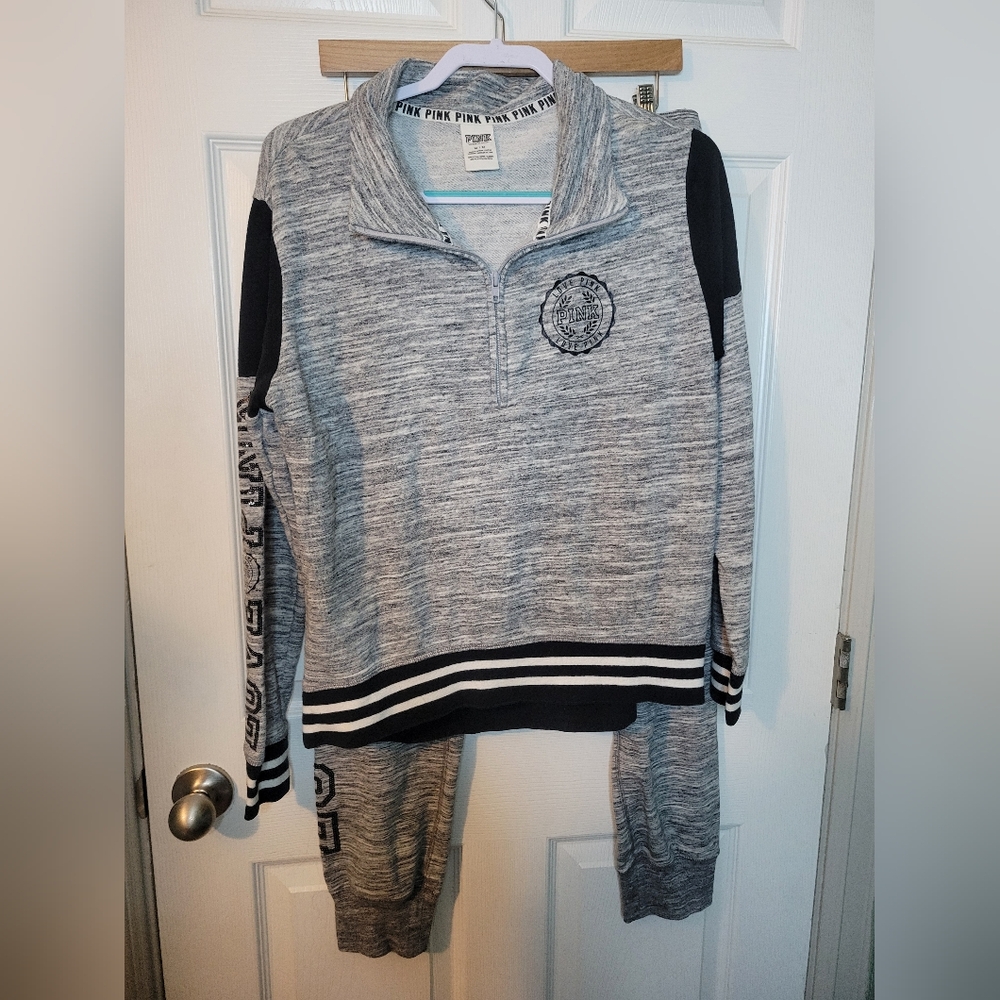 Victoria's Secret PINK Bling Pullover & Pants Set Marled Grey Medium Top Large
